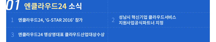 01 엔클라우드24 소식 - 1. 엔클라우드24, 'G-STAR 2016'참가 / 2. 성남시 혁신기업 클라우드서비스 지원사업공식파트너 지정 / 3. 엔클라우드24 맹상영대표 클라우드산업대상 수상